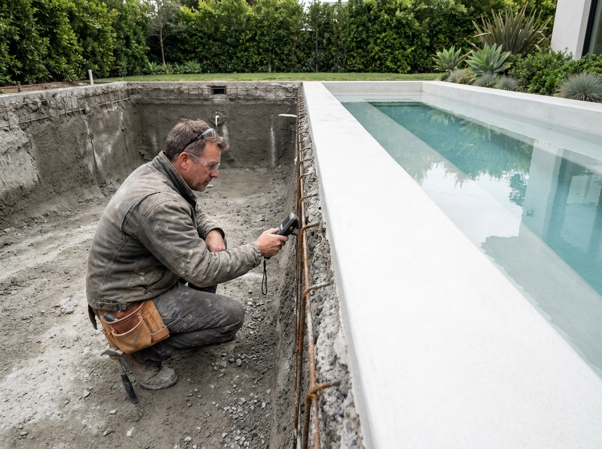 Chantier de construction d'une piscine en béton avec ouvrier inspectant la structure en béton projeté