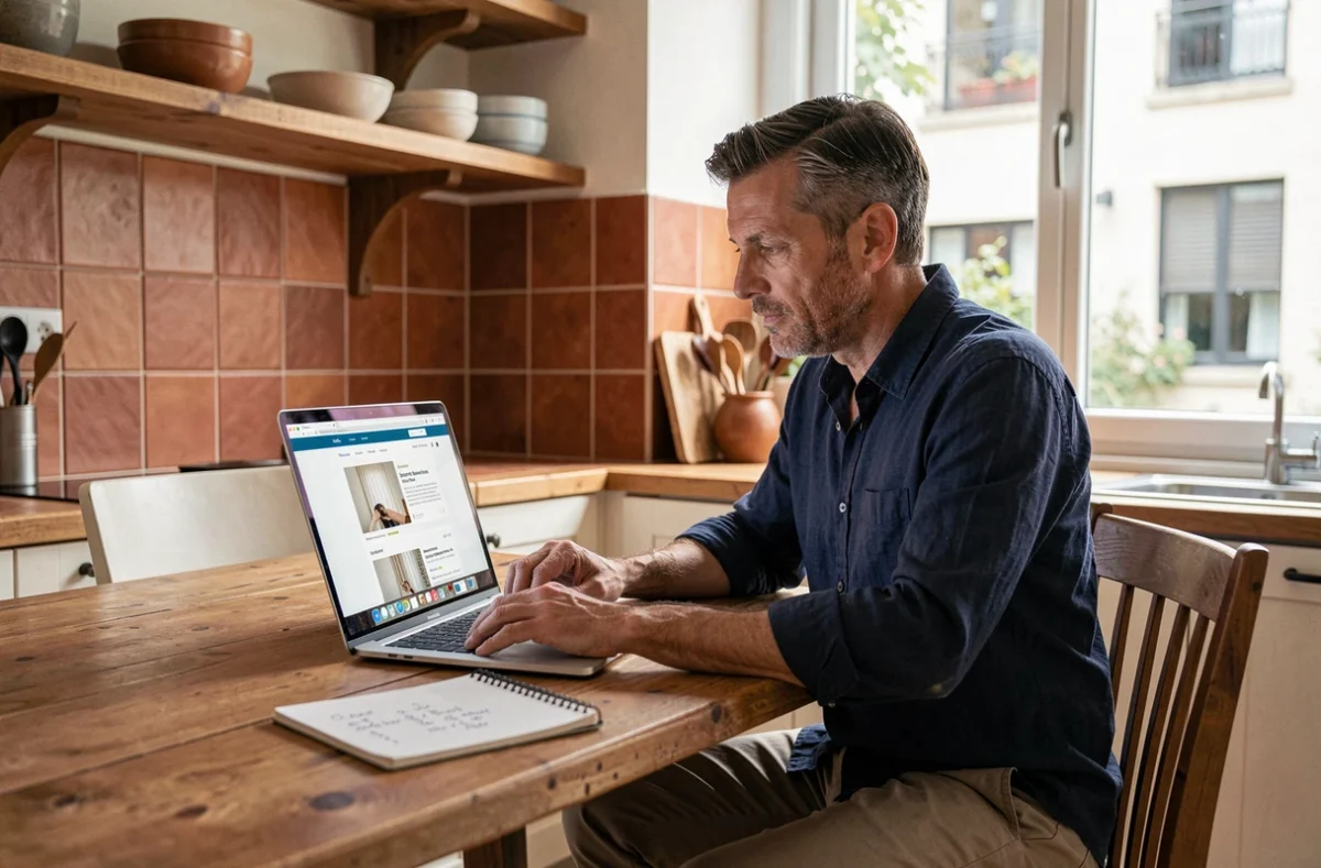 Homme consultant un spécialiste de rideaux à distance depuis son domicile sur ordinateur portable