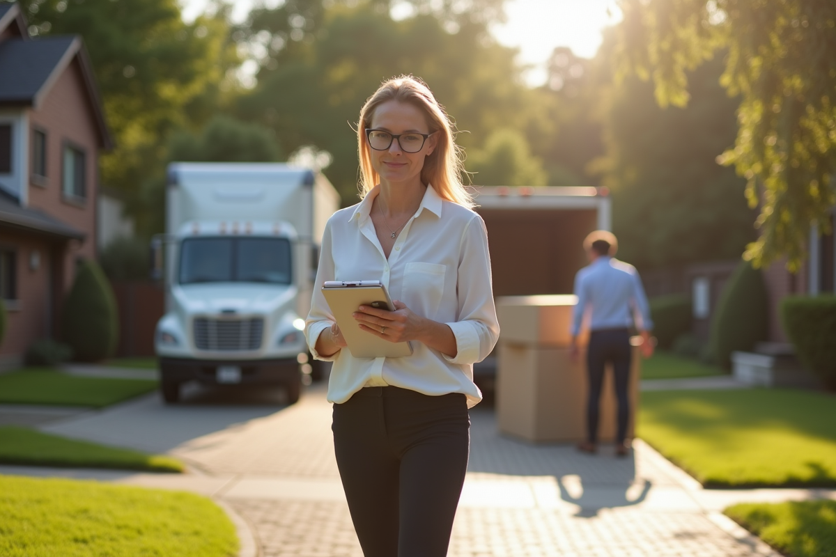 Femme surveillant le déménagement dans une cour ensoleillee