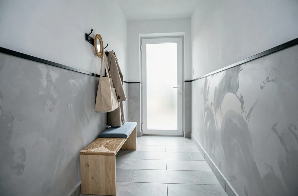 Couloir scandinave étroit avec murs en chaux bicolore, banc en bouleau et crochets noirs mat dans une entrée moderne 2026