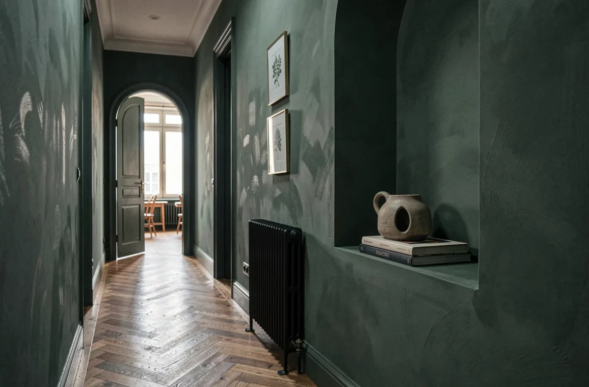 Couloir sombre haussmannien revisité avec peinture vert sauge mate, parquet en chevrons et niche décorative en 2026