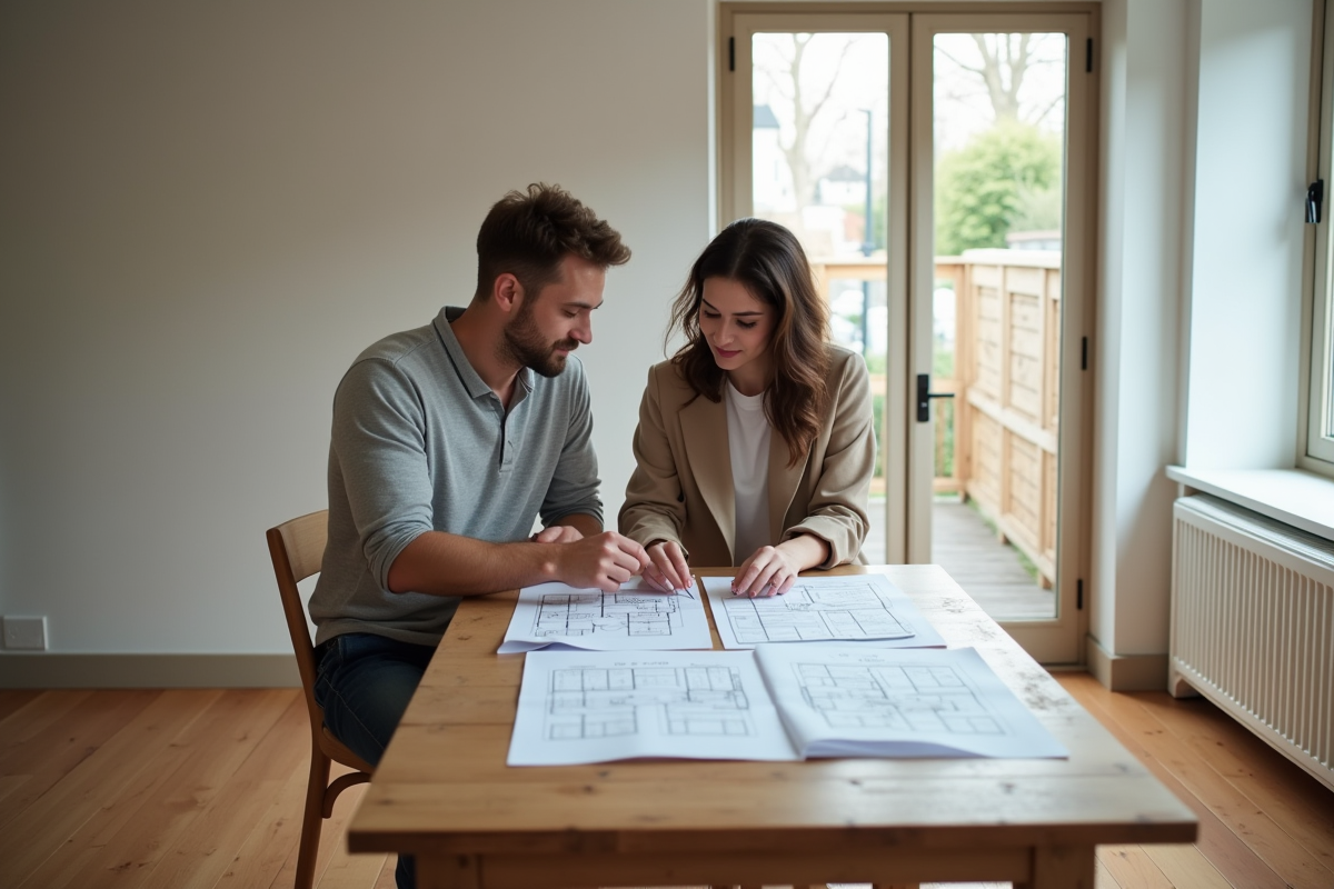 Jeune couple discutant de plans dans une maison en intérieur