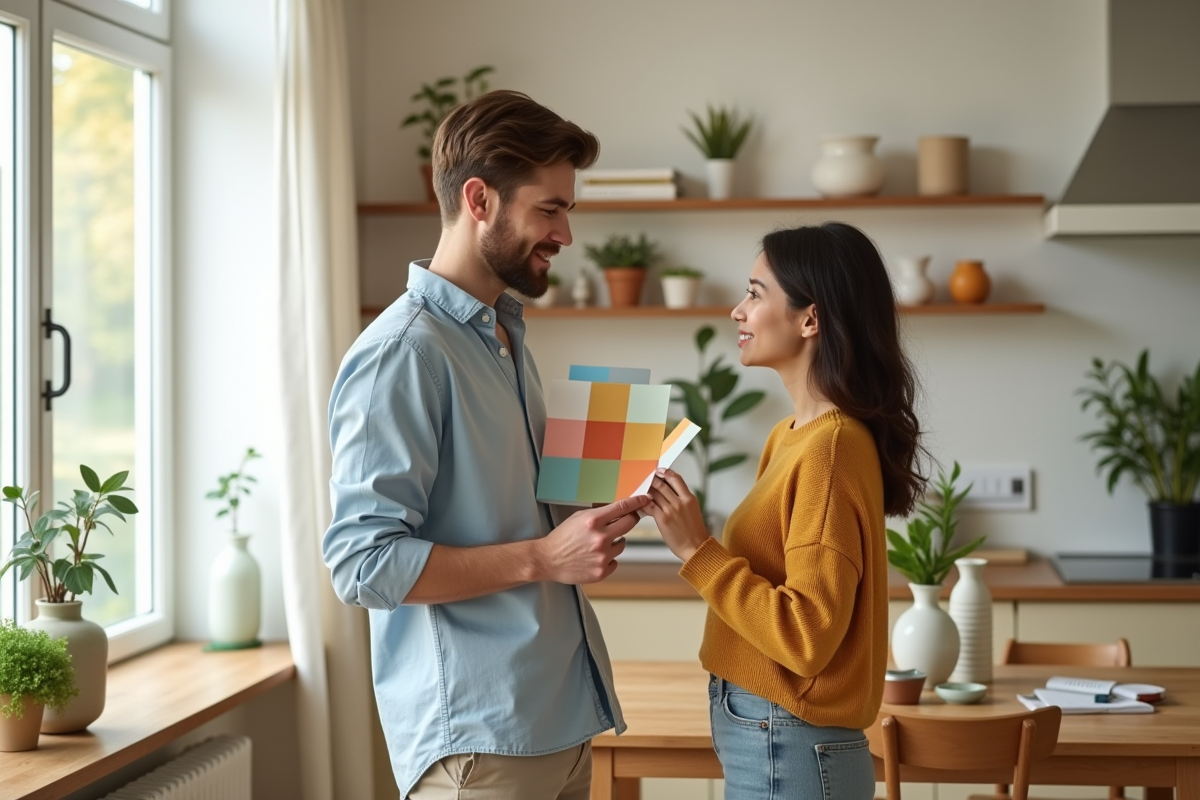 Jeune couple examinant des échantillons de couleur dans la salle à manger