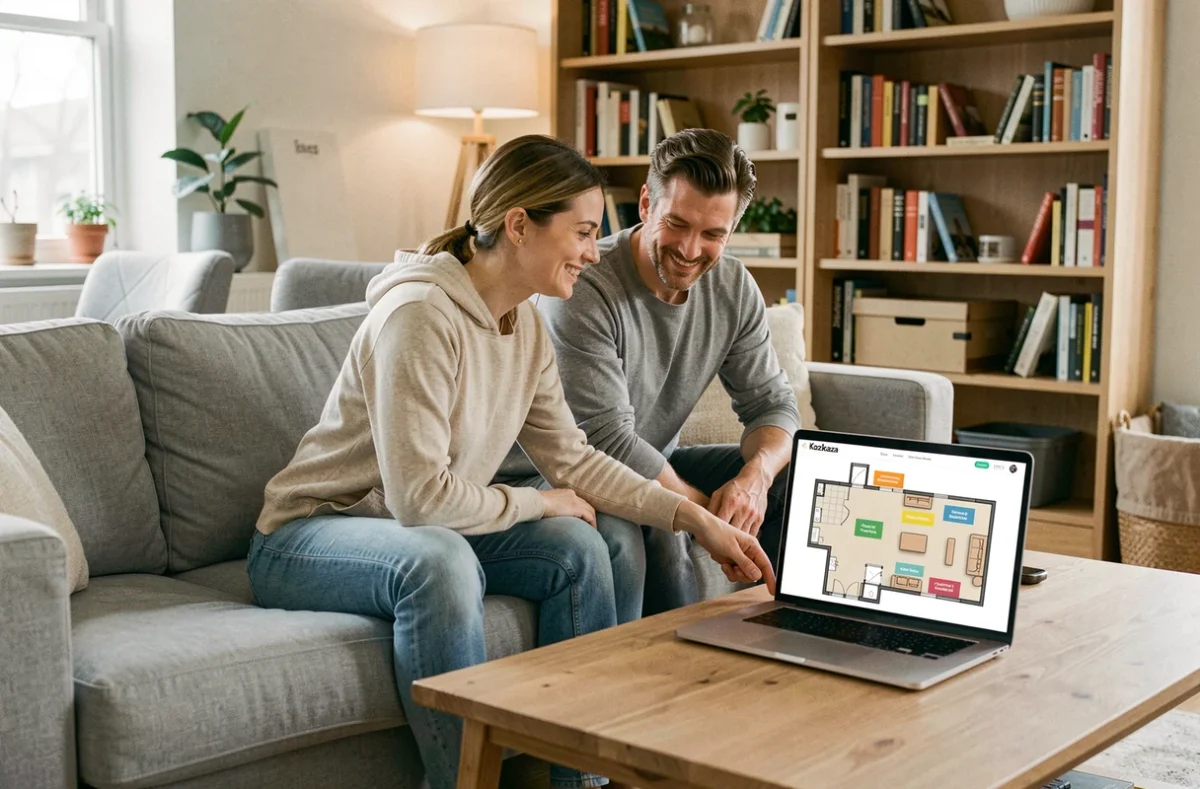Couple utilisant un logiciel de plan d'aménagement intérieur ensemble sur un canapé dans un salon moderne