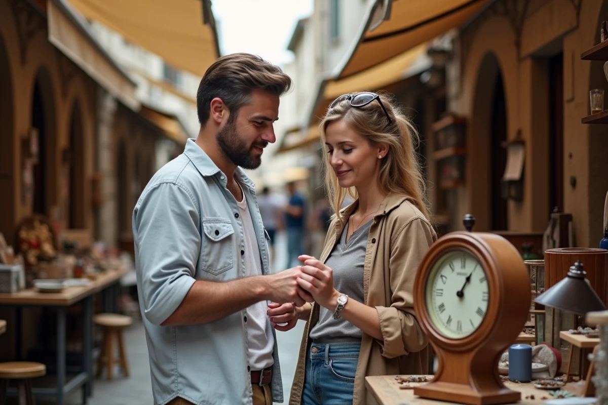 Couple en train de négocier le prix d'une horloge ancienne dans un vide grenier à Annecy