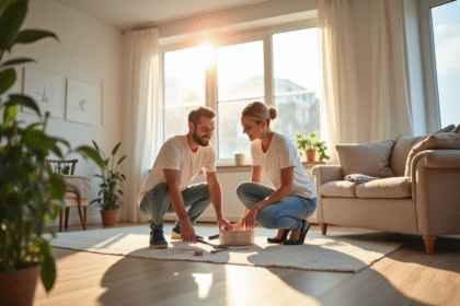 Couple heureux peignant un salon lumineux ensemble