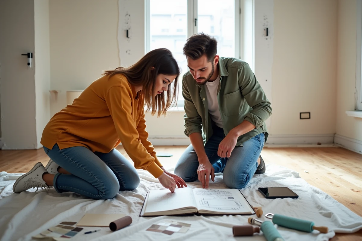 Couple planifiant leurs travaux de rénovation ensemble dans un salon avec des échantillons de matériaux et un blog ouvert sur tablette