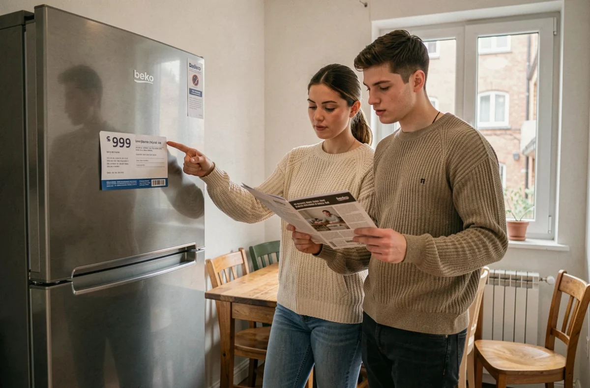 Couple comparant le prix d'un réfrigérateur Beko dans la cuisine d'un petit appartement