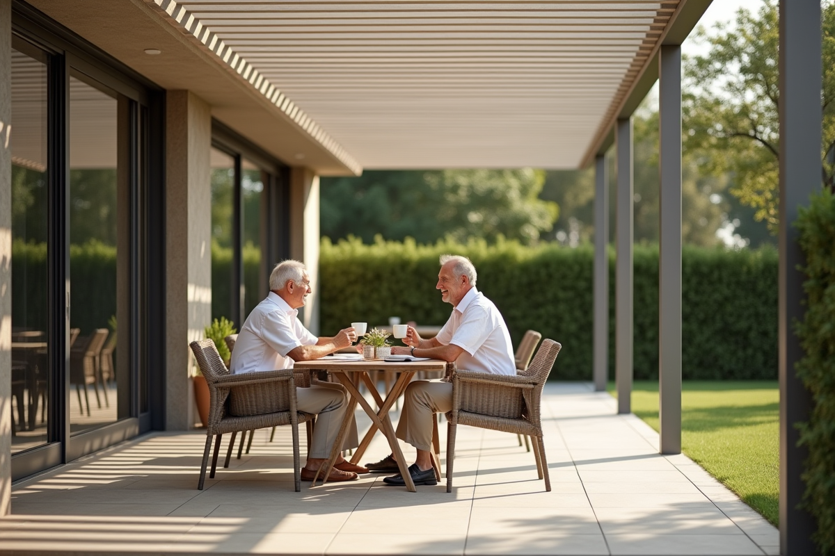Couple détendu profitant café sous pergola bioclimatique