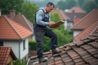 Ouvrier couvreur examinant des tuiles cassées sur un toit