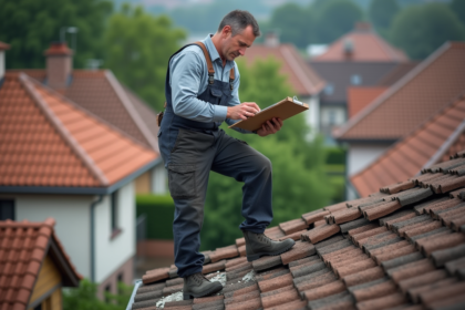 Ouvrier couvreur examinant des tuiles cassées sur un toit