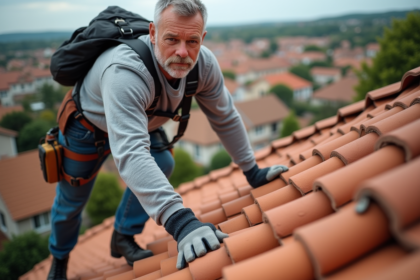 Ouvrier couvreur sur un toit en tuiles terracotta