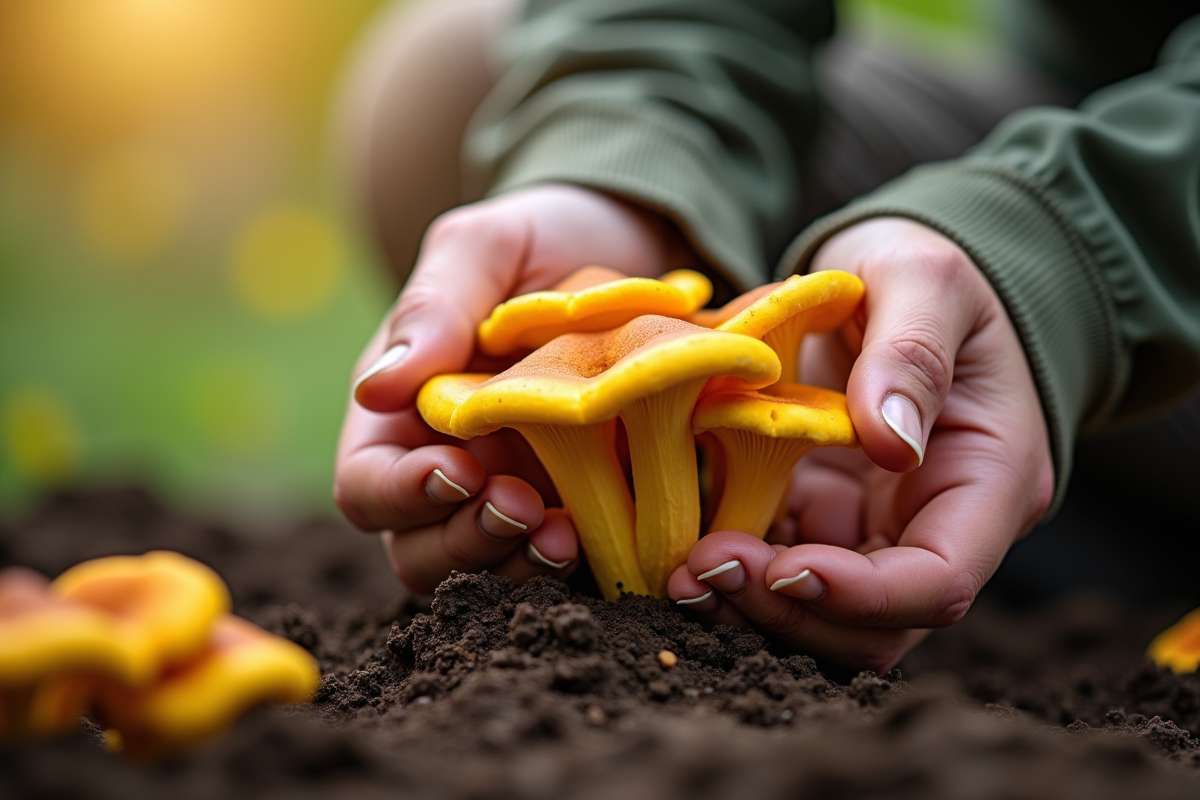 Mains de jardinier récoltant des chanterelles dans le sol