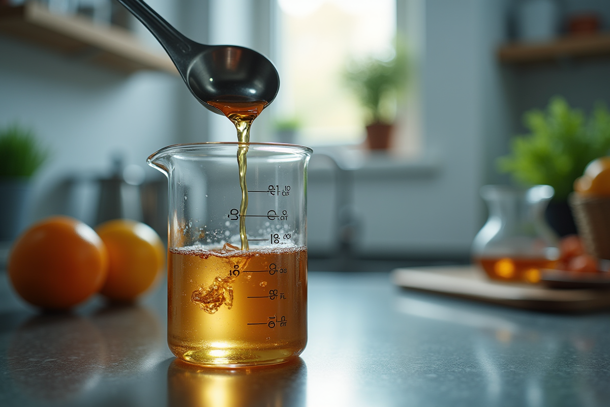 Cuiller en metal versant liquide dans un becher gradué