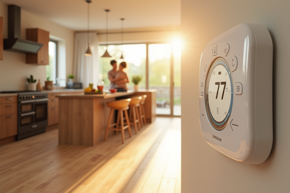 Cuisine ensoleillee avec thermostat de chauffage au sol