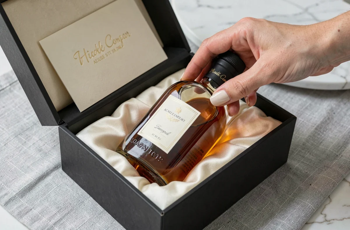 Déballage d'un coffret whisky premium avec bouteille ambrée et carte personnalisée entreprise sur nappe en lin