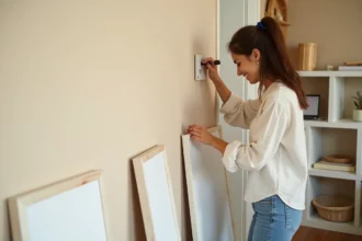 Jeune femme locataire posant un crochet adhésif sur un mur beige pour décorer son appartement sans percer