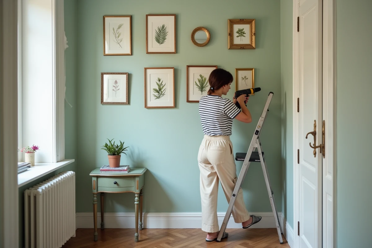Femme décorant un mur galerie avec des gravures botaniques encadrées dans un couloir d'appartement parisien élégant aux murs sauge et parquet en chevrons