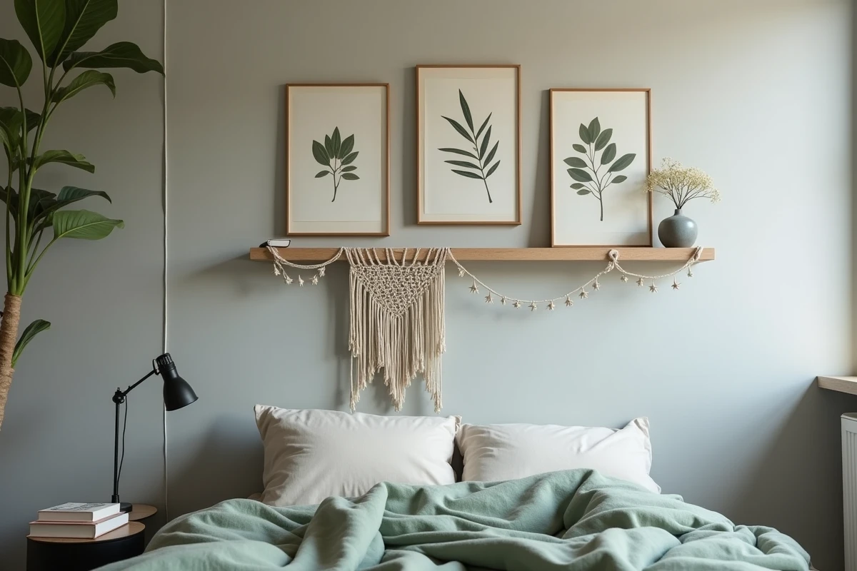 Mur décoré dans une chambre en location avec cadres adhésifs et macramé sans percer les murs