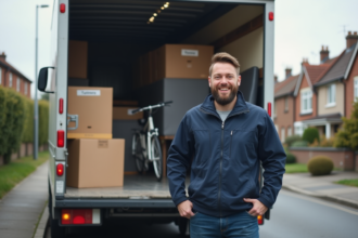 Homme déménageur souriant avec camion de déménagement