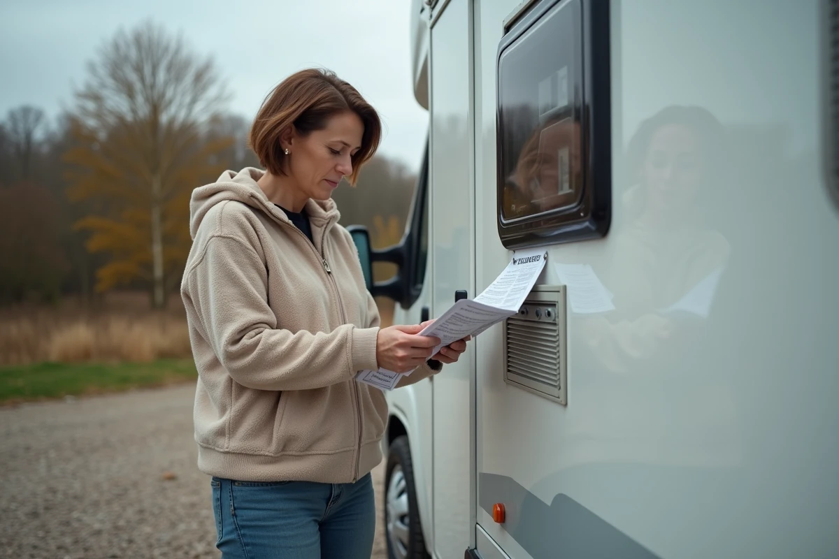 Femme consultant un guide de dépannage devant le panneau d'accès du chauffe-eau Truma d'un camping-car