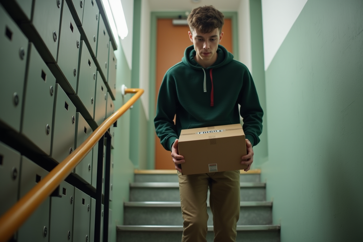 Jeune homme portant une boîte fragile dans un hall d