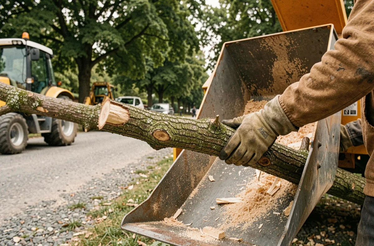 Détail des mains d'un élagueur guidant des branches dans un broyeur de végétaux sur chantier