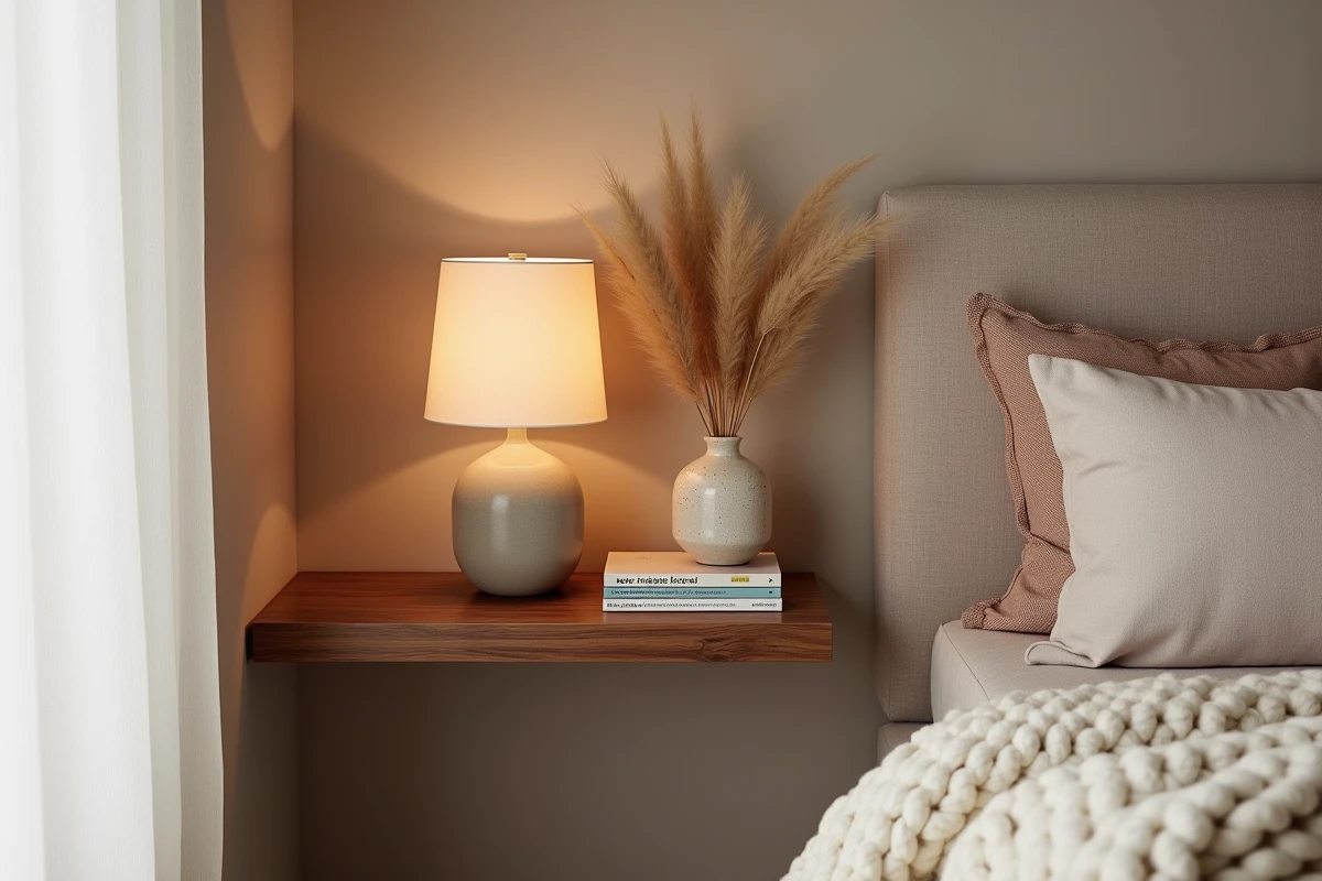 Détail décoratif d'une chambre parentale tendance avec lampe céramique artisanale, vase en grès et plaid en laine sur tête de lit en lin, style durable 2026