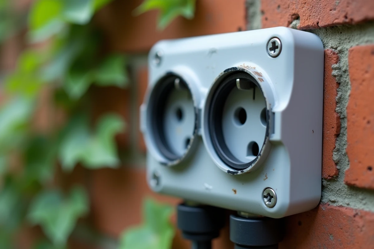 Gros plan sur le mécanisme d'étanchéité intérieur d'une prise double extérieure IP44, joint en caoutchouc et presse-étoupe visibles