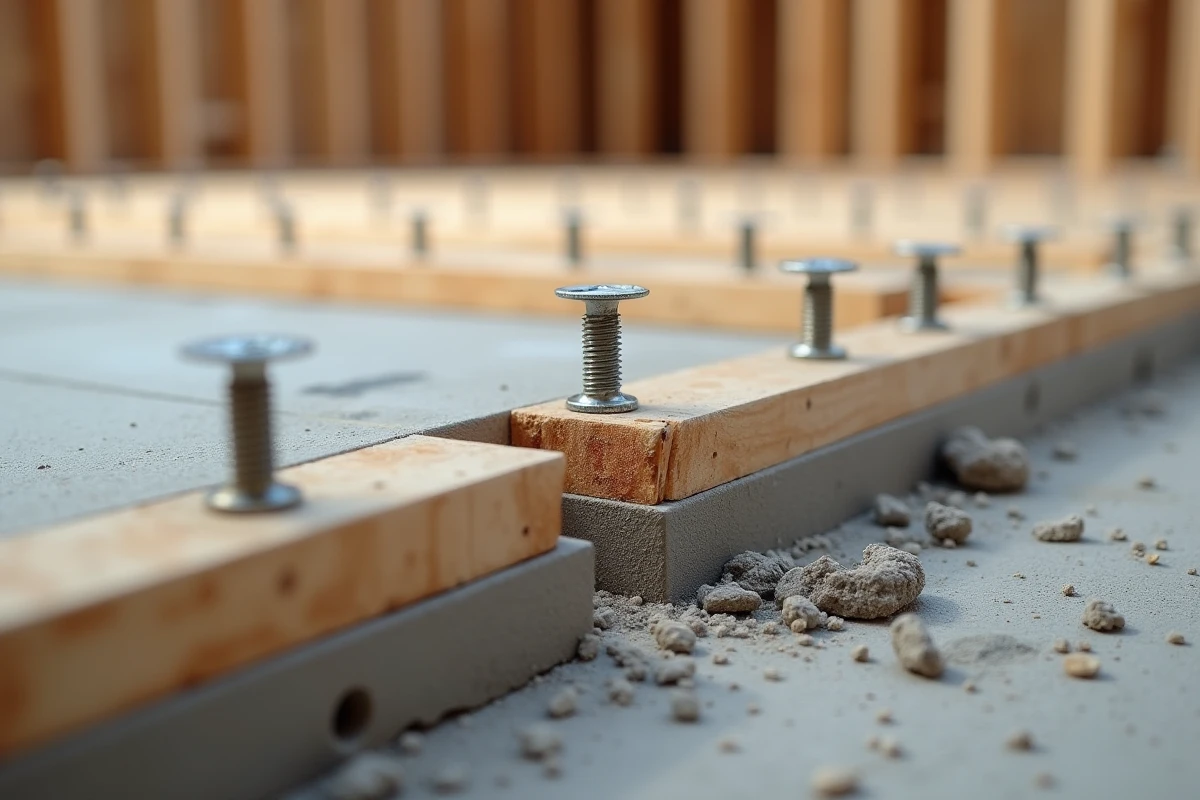 Détail de fixation d'une lambourde sur dalle béton avec chevilles d'ancrage et bande résiliente acoustique