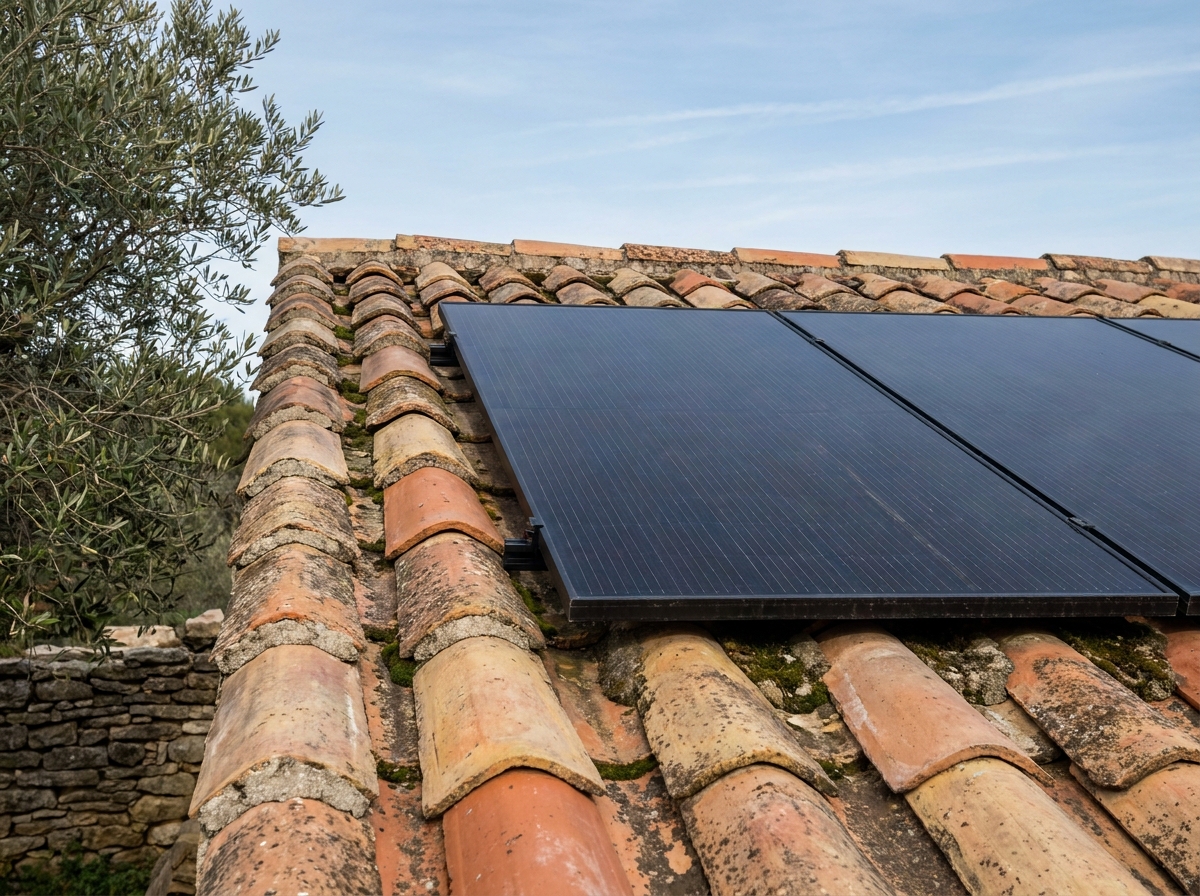 Gros plan sur l'intégration de panneaux photovoltaïques dans un toit en tuiles romaines d'un mas provençal