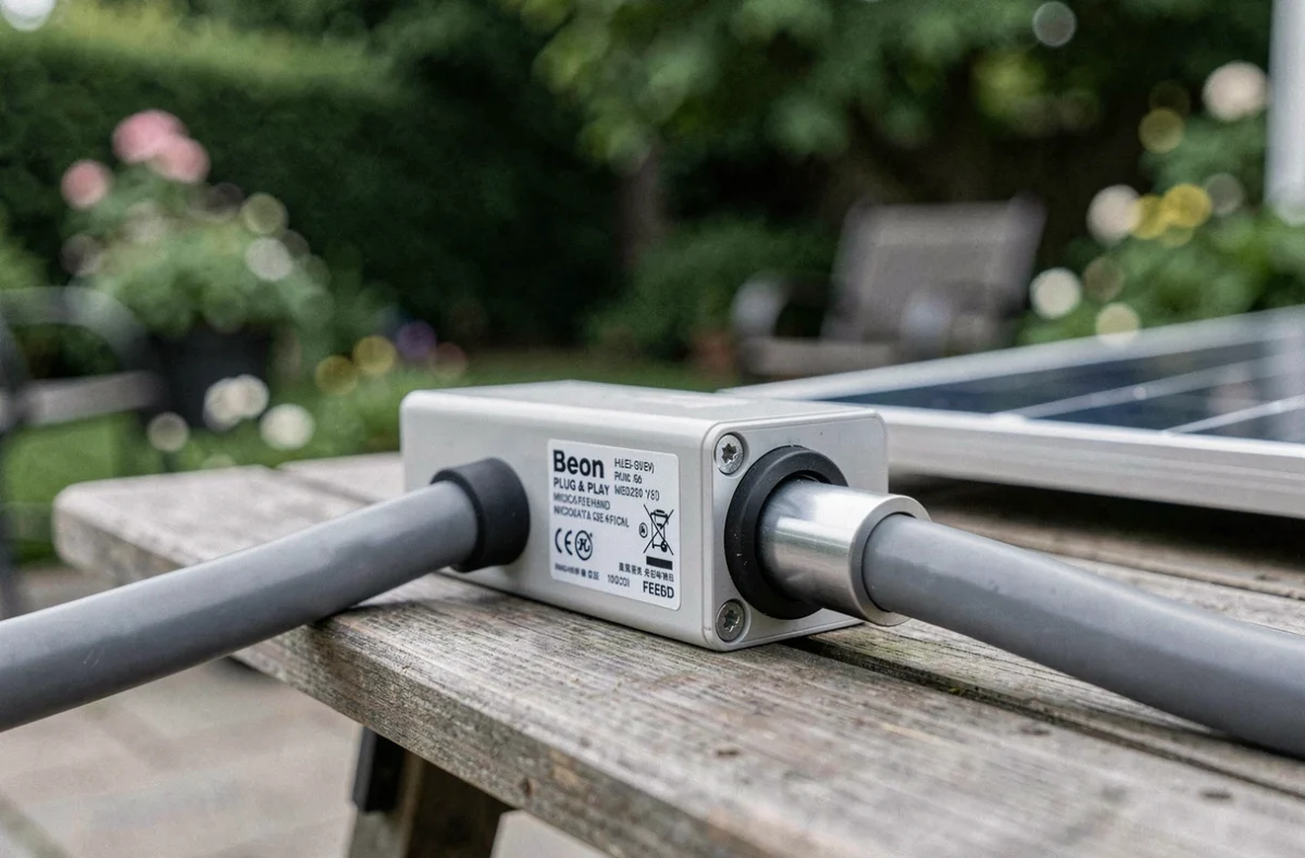 Détail du micro-onduleur et du câble d'un panneau solaire plug and play sur une table de jardin