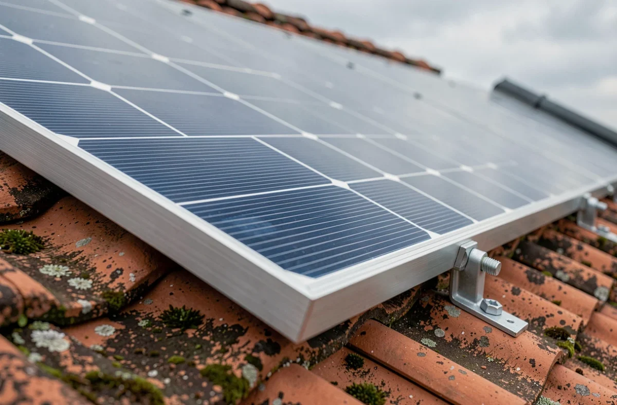 Gros plan sur les cellules photovoltaïques et les rails de fixation d'une installation solaire sur toiture en tuiles à Metz