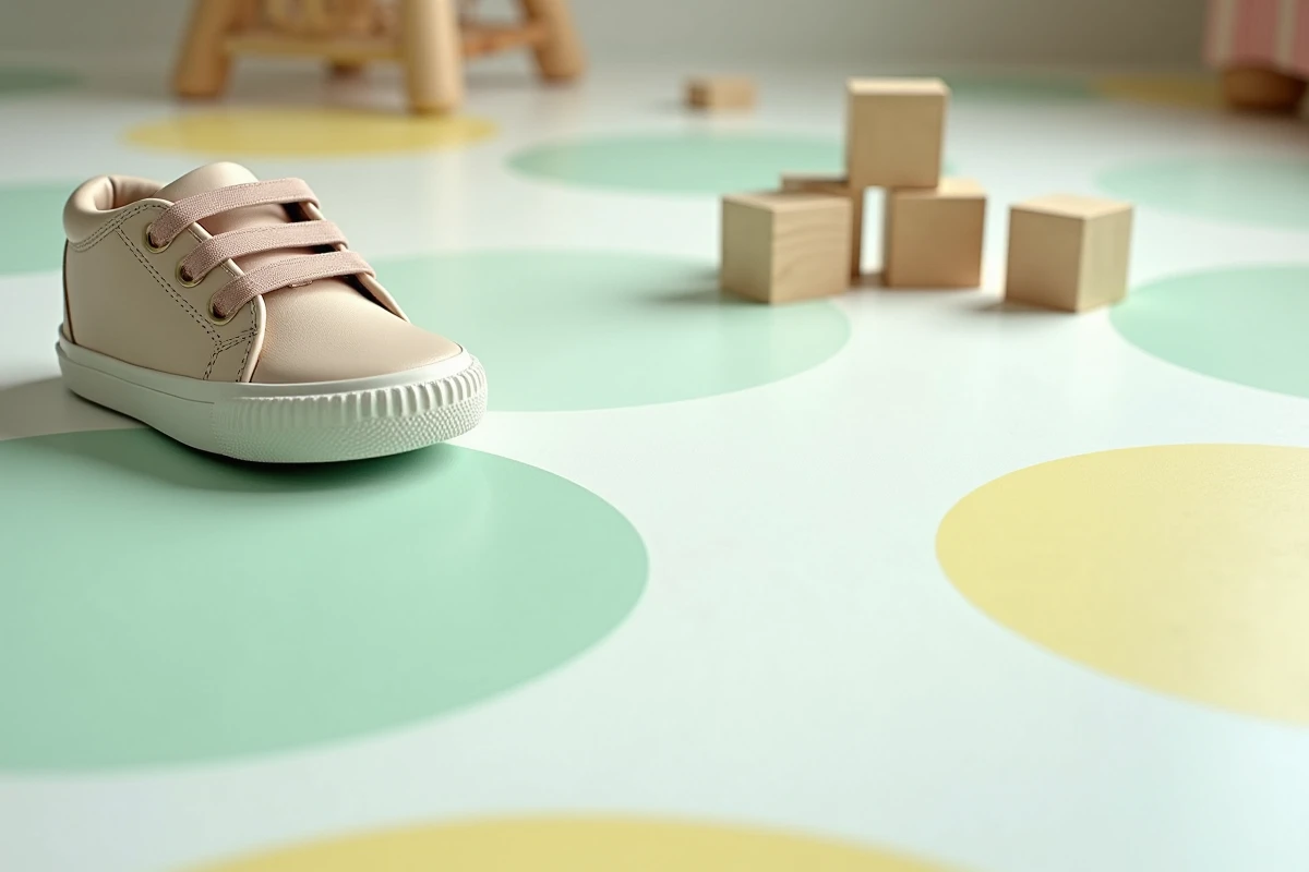 Détail texture sol PVC rouleau motif géométrique pastel dans une chambre d'enfant avec jouets en bois