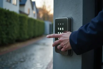 Main appuyant sur un digicode connecté en acier brossé monté sur un portail résidentiel moderne en 2026