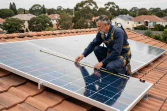 Technicien mesurant les dimensions d'un panneau photovoltaïque installé sur un toit de maison individuelle