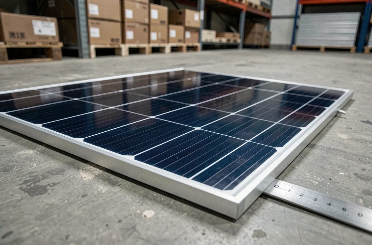 Gros plan sur un panneau solaire monocristallin avec une règle mesurant ses dimensions en entrepôt
