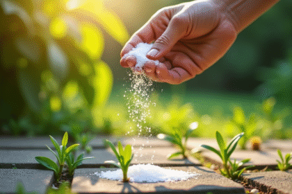 Main de jardinier saupoudrant sel et vinaigre sur mauvaises herbes