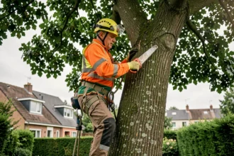 Élagueur professionnel grimpant dans un chêne pour l'élagage à Cestas