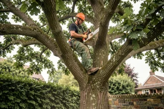 Élagueur professionnel en hauteur dans un chêne mature lors d'un chantier d'élagage encadré par une coopérative