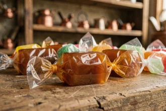 Caramels et bonbons emballés individuellement dans du celafame brillant et transparent, disposés sur une surface en bois rustique dans un atelier de confiserie artisanal