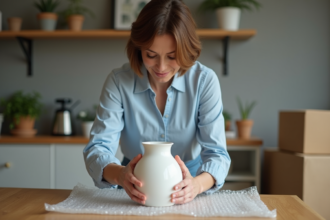 Femme emballant une vase en céramique dans la cuisine