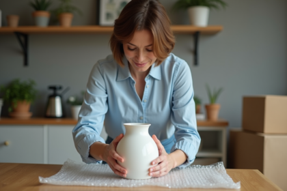 Femme emballant une vase en céramique dans la cuisine