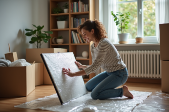 Femme emballant une grande peinture dans un appartement