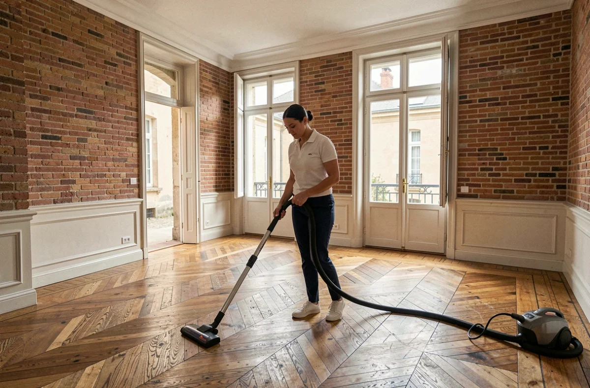 Employée de maison passant l'aspirateur dans un salon avec parquet et briques apparentes à Toulouse