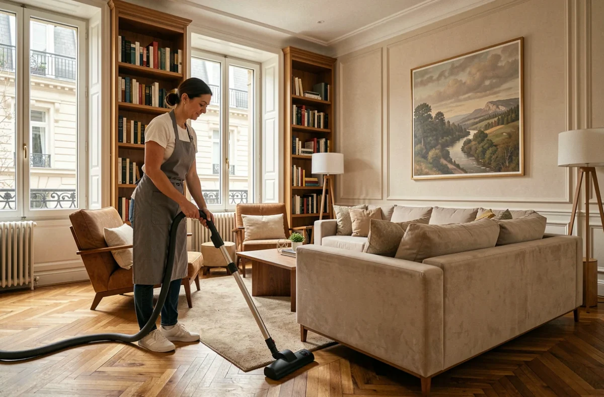 Employée de maison passant l'aspirateur dans un salon de style haussmannien avec parquet en bois à Levallois