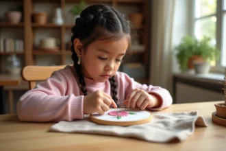 Jeune fille concentrée qui apprend la broderie avec un kit débutant à une table en bois