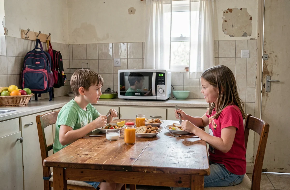 Enfants prenant leur petit-déjeuner dans une cuisine équipée d'appareils Beko pour famille à petit budget