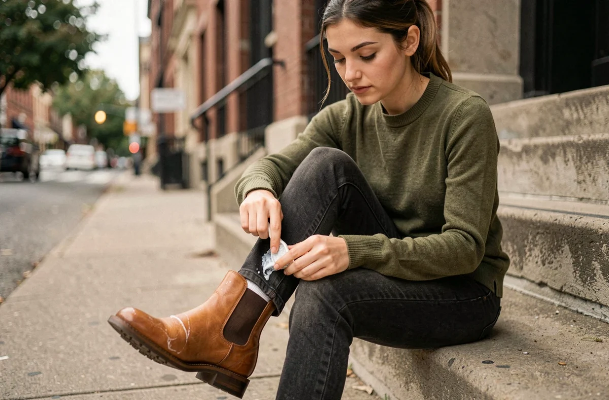 Jeune femme appliquant de la graisse protectrice sur ses bottines Chelsea en cuir tan dans un contexte urbain
