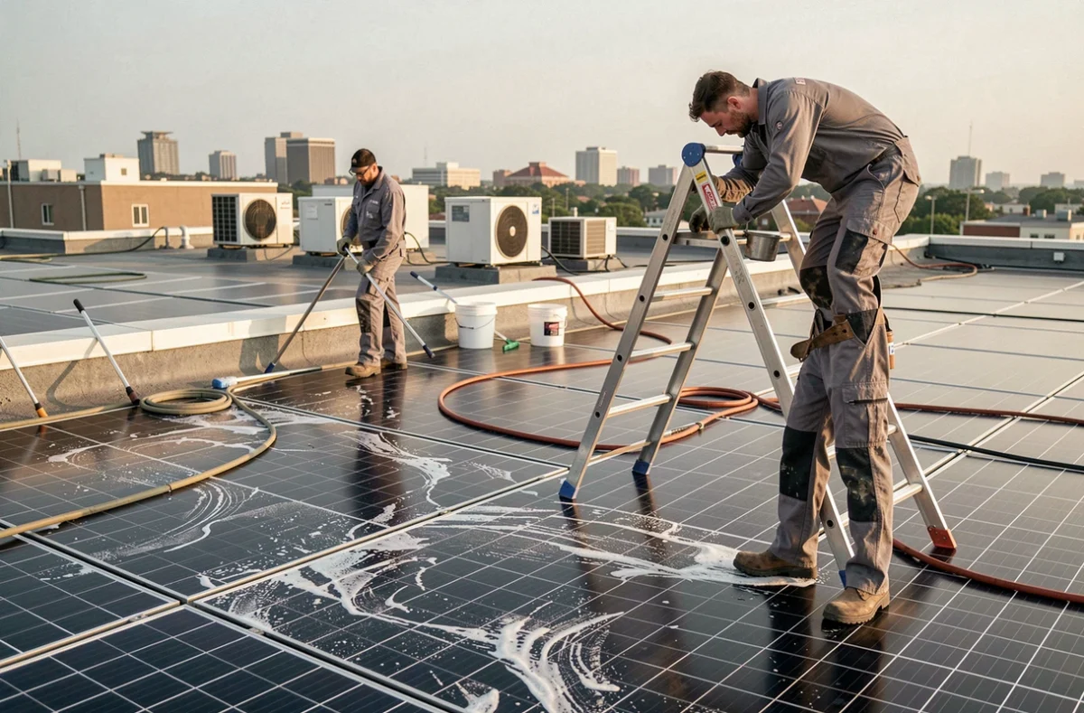 Deux techniciens en combinaison grise nettoyant une installation de panneaux solaires sur un toit plat commercial avec vue sur la ville